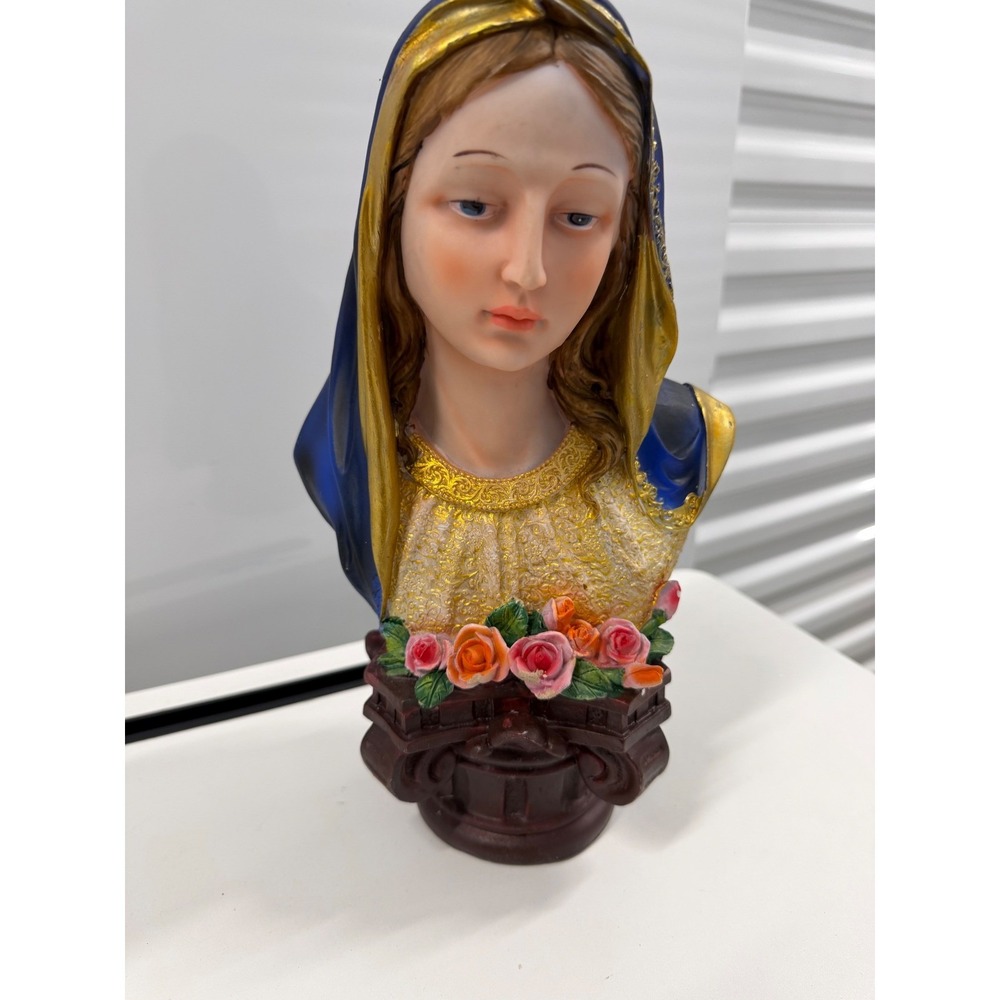 Virgin Mary Bust Statue Religious Figurine Blue Veil Gold Detail with Roses